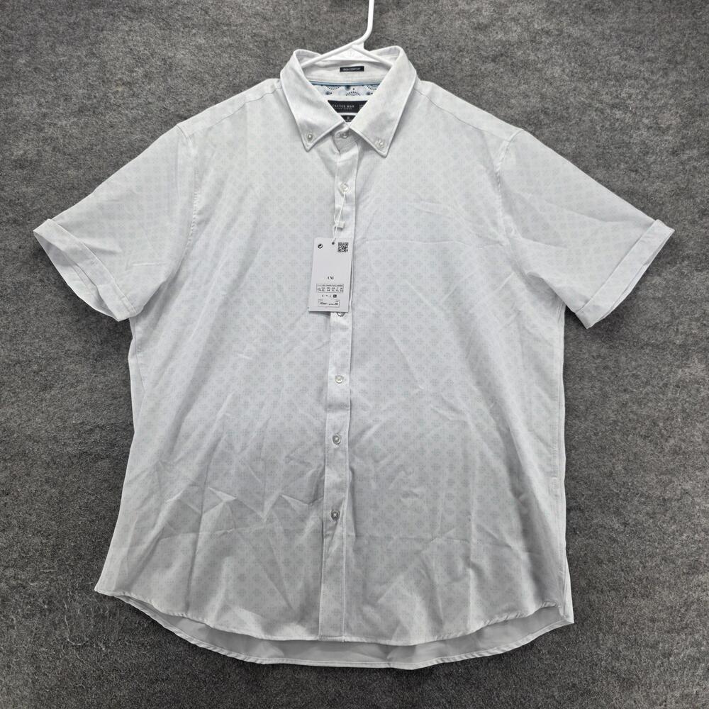 Cactus Man Shirt Mens XL White Geometric Poly Spandex Short Sleeve Button Up